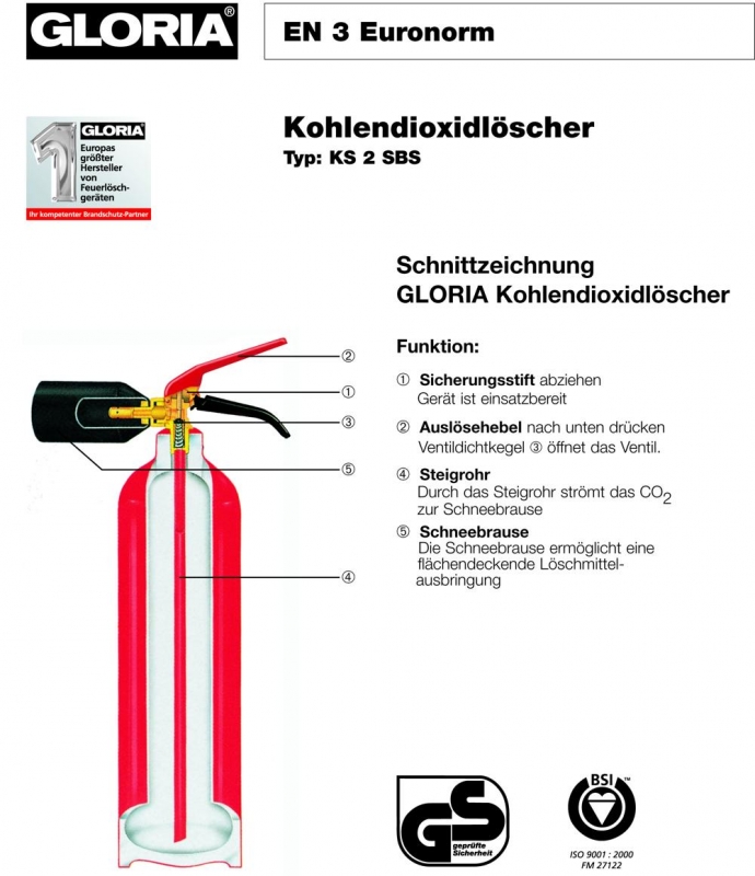 GLORIA Kohlendioxid-Feuerlöscher KS 2 ST, Stahl, Brandklasse 34 B, Inhalt:  2 kg